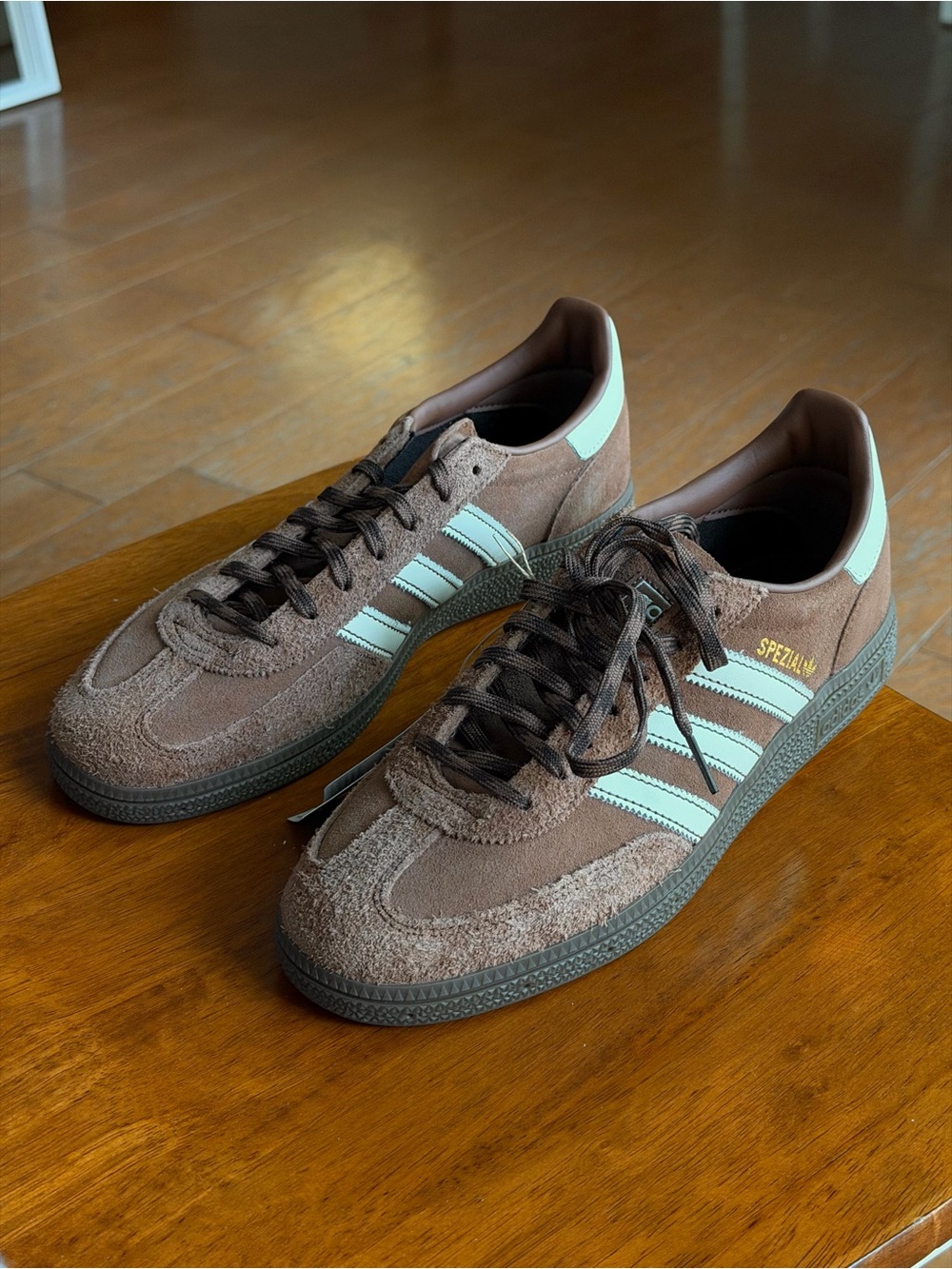 Mens Adidas Spezial Brown Suede Sneakers with Mint Stripes, US M 9.5